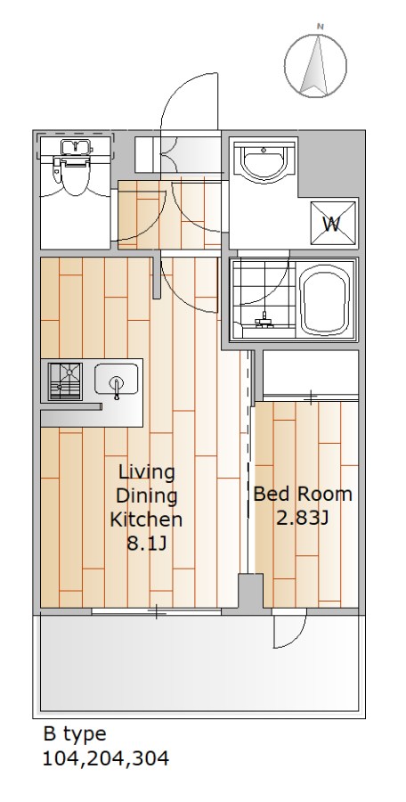 Aetas都立大学 104・204・304号室（B'タイプ）間取り図